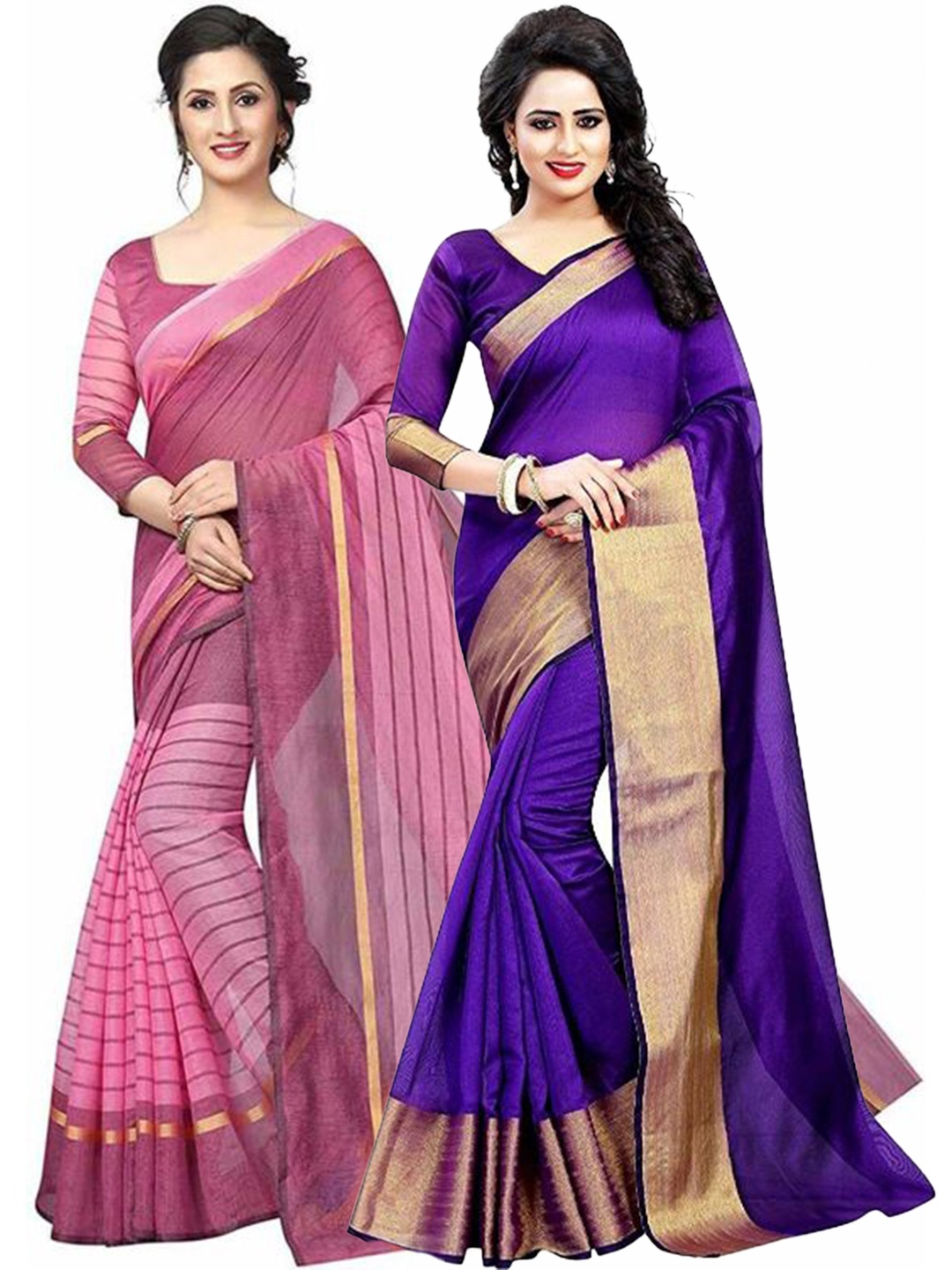 

SAADHVI Pack Of 2 Purple & Pink Striped Silk Cotton Saree