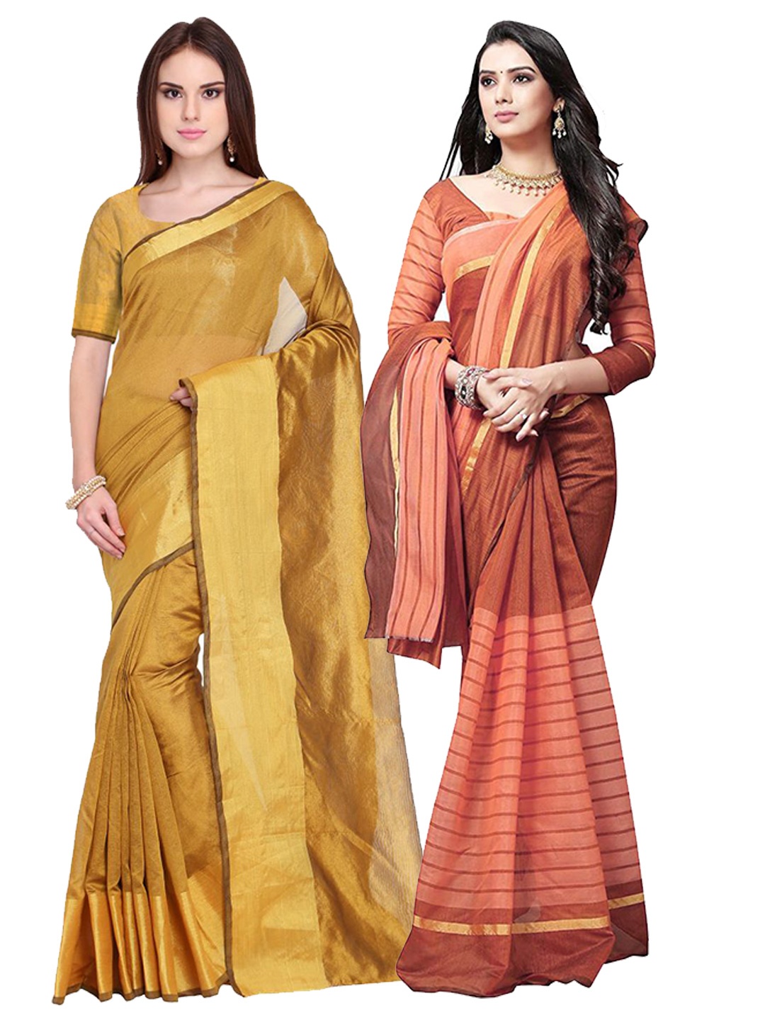 

SAADHVI Pack of 2 Golden & Peach-Coloured Zari Silk Cotton Sarees, Gold