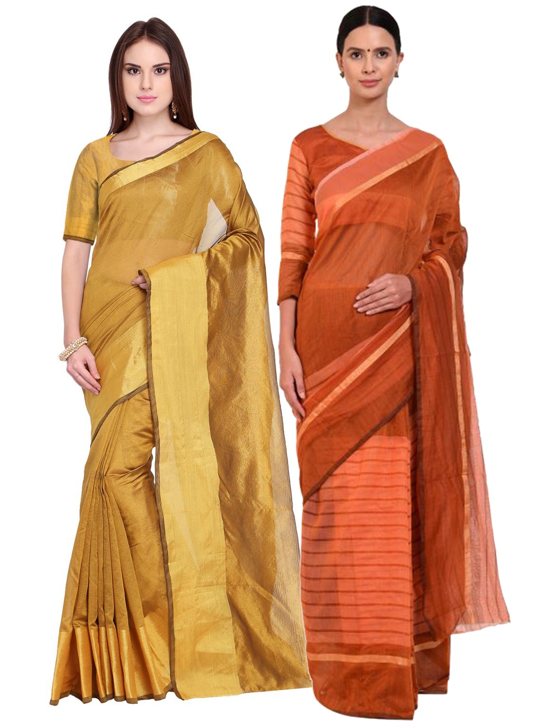 

SAADHVI Set of 2 Gold-Toned & Orange Silk Cotton Saree