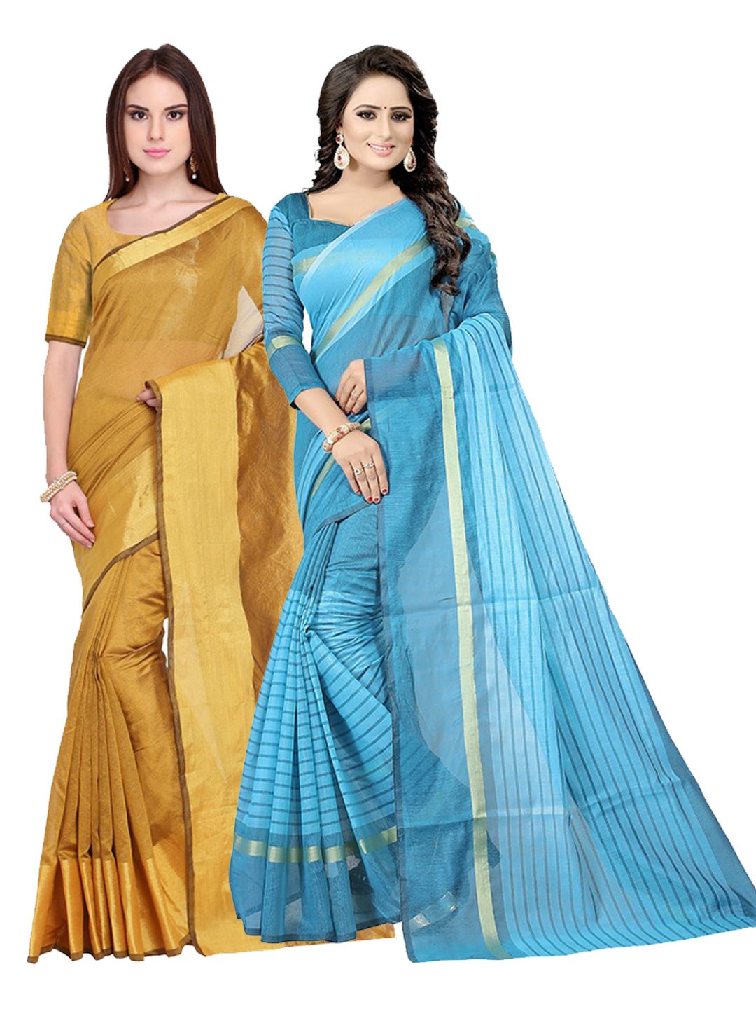 

SAADHVI Pack of 2 Gold-Toned & Blue Striped Silk Cotton Saree