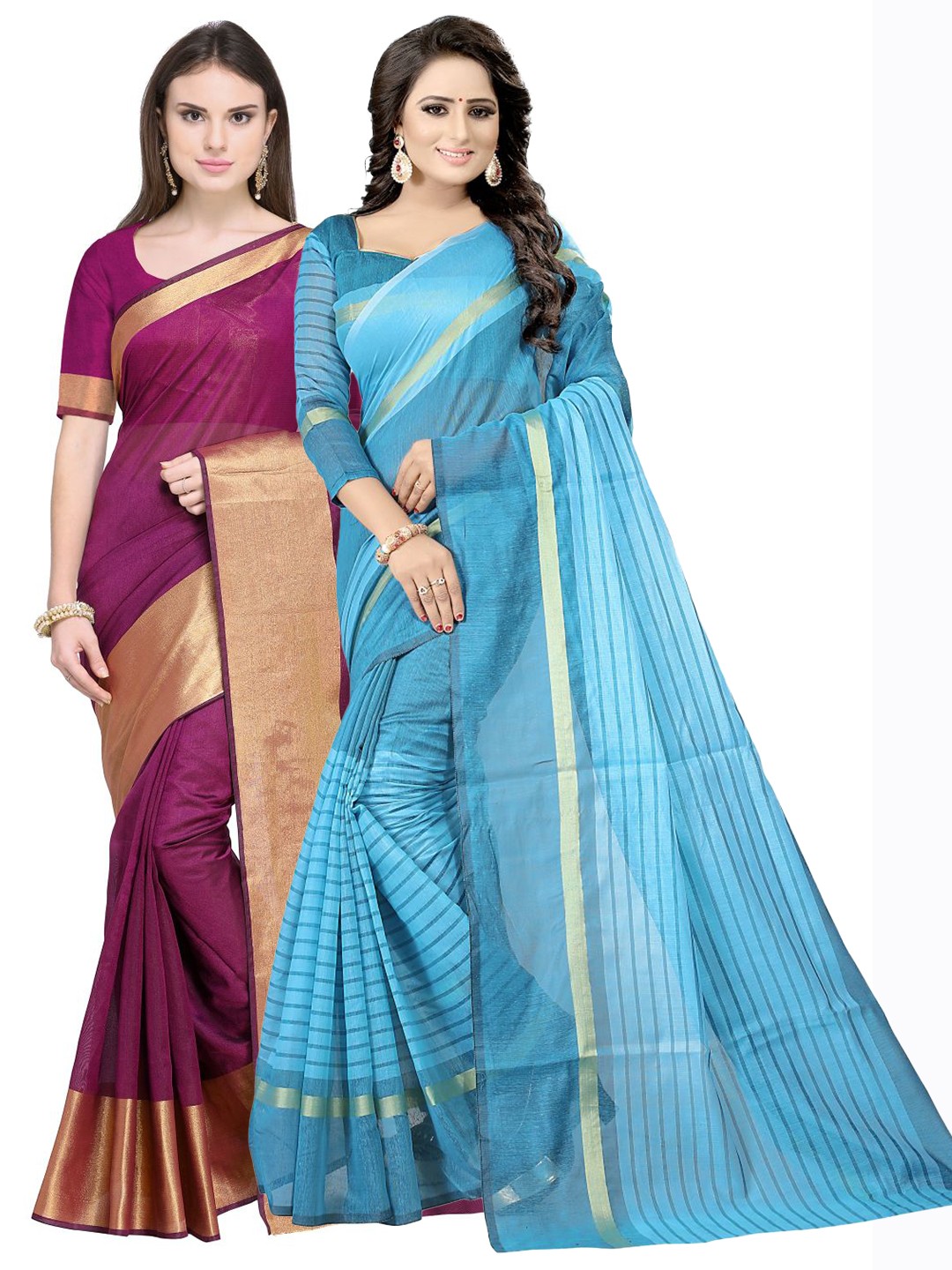 

SAADHVI Set Of 2 Maroon & Blue Zari Silk Cotton Saree