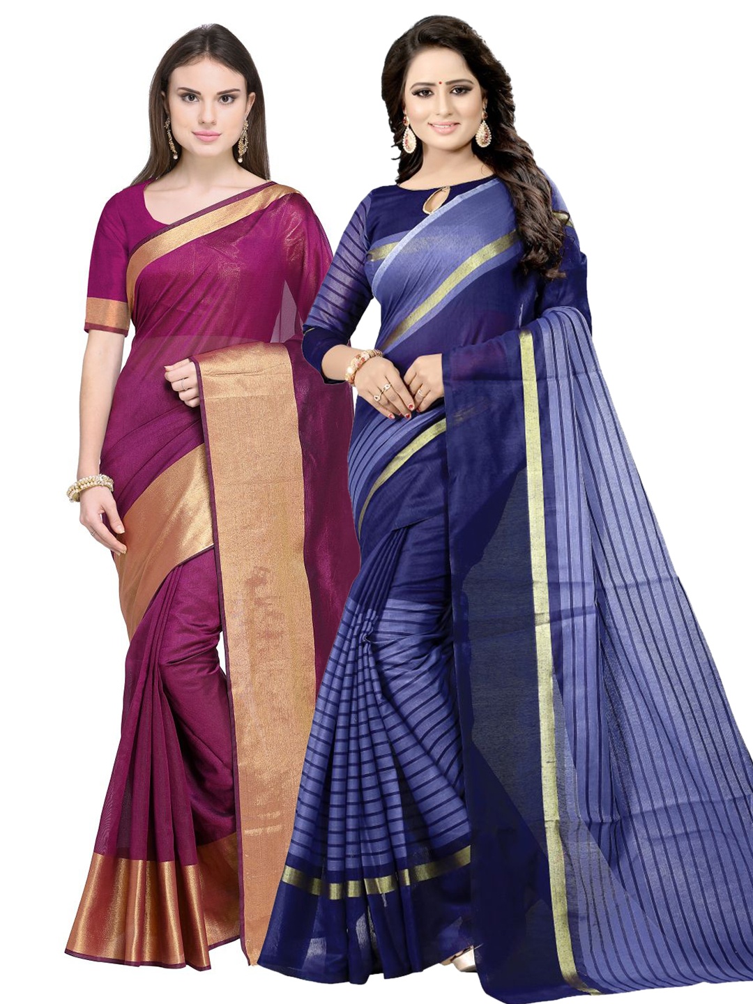 

SAADHVI Pack Of 2 Maroon & Navy Blue Striped Silk Cotton Saree