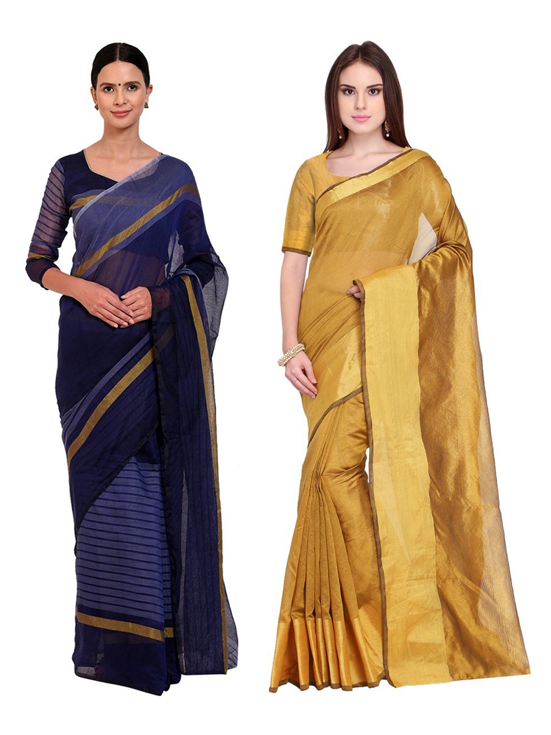 

SAADHVI Pack Of 2 Gold-Toned & Navy Blue Silk Cotton Saree