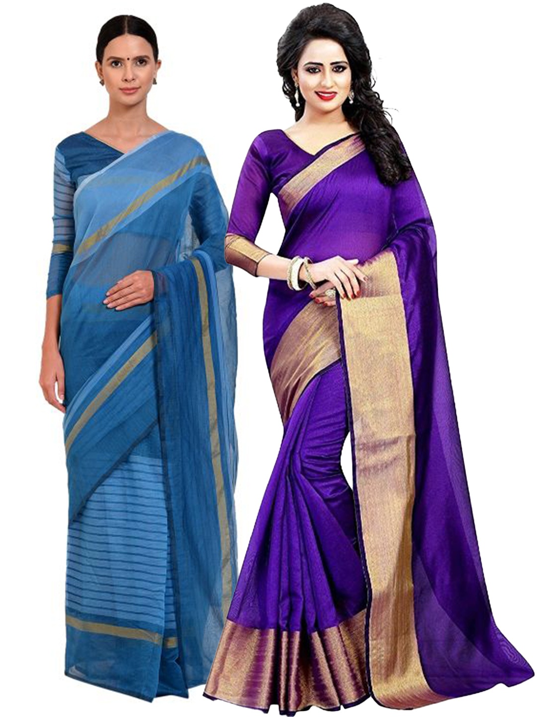 

SAADHVI Set of 2 Purple & Turquoise Blue Silk Cotton Saree