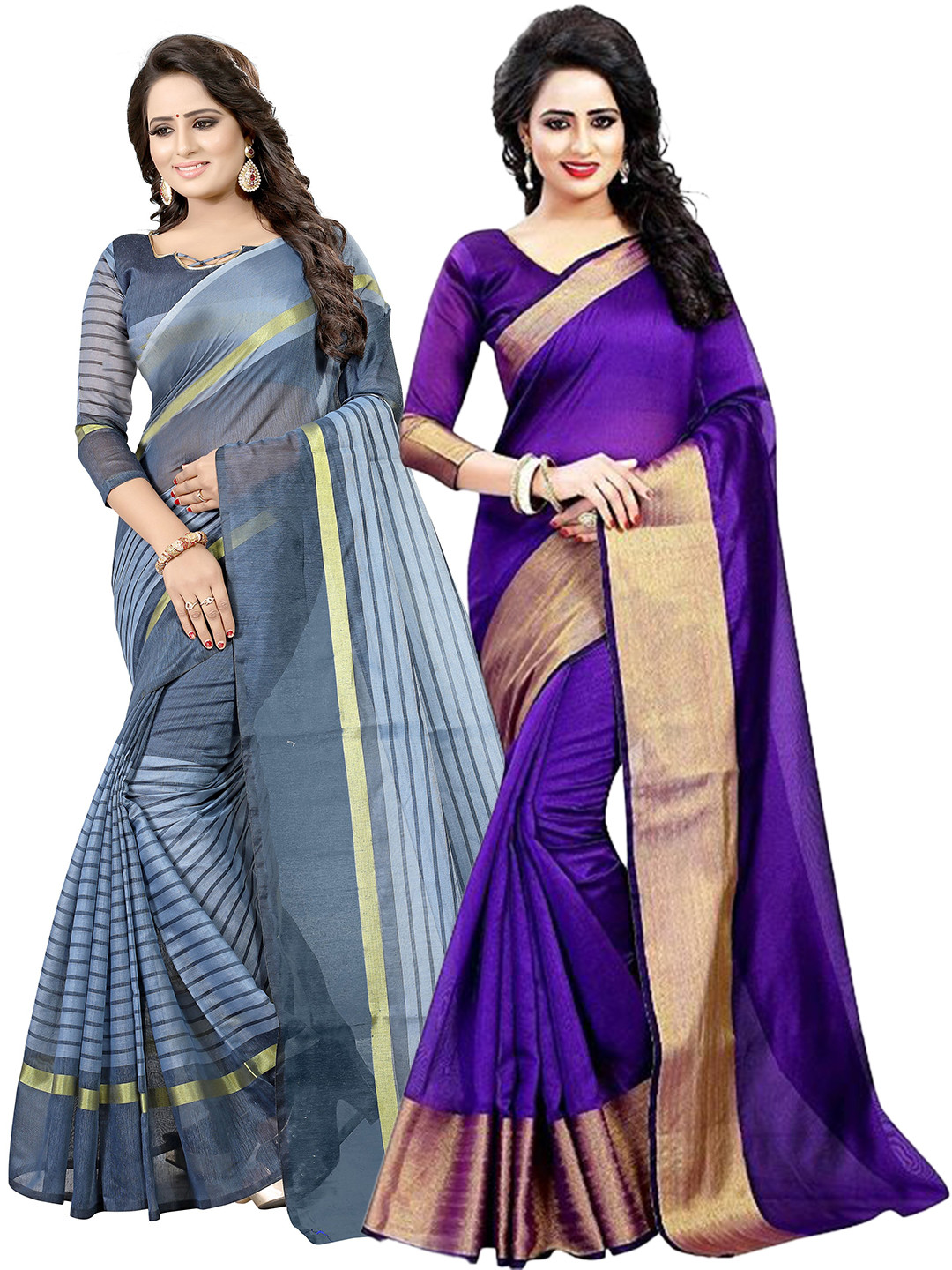 

SAADHVI Purple & Grey Set of 2 Striped Zari Silk Cotton Saree