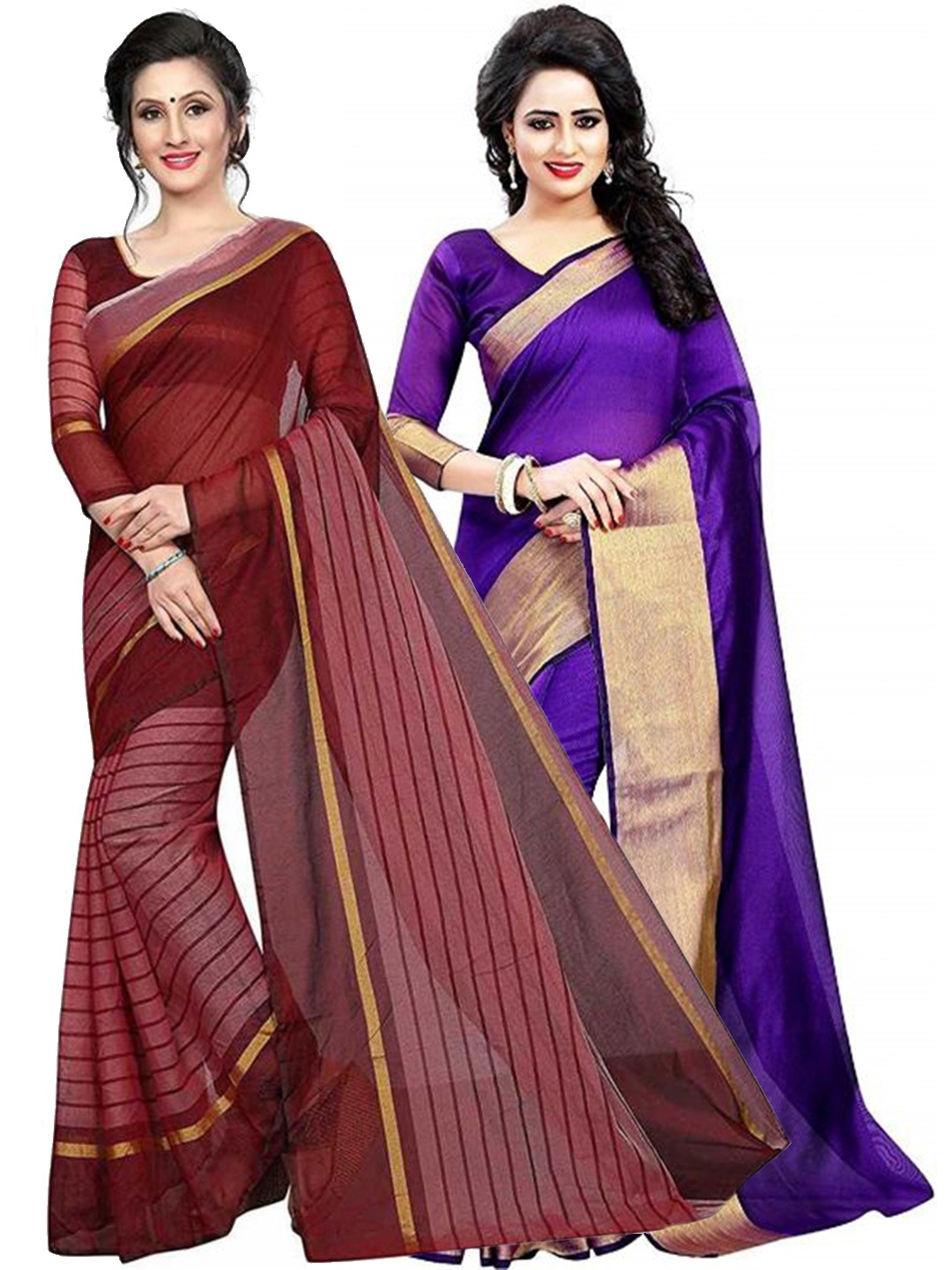 

SAADHVI Pack of 2 Purple & Maroon Zari Silk Cotton Sarees