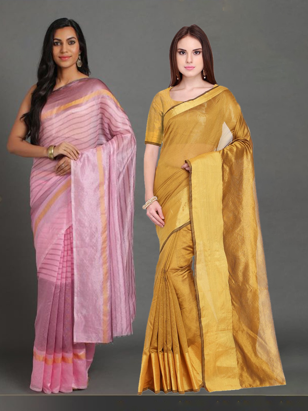 

SAADHVI Pack Of 2 Gold-Toned & Pink Striped Silk Cotton Saree