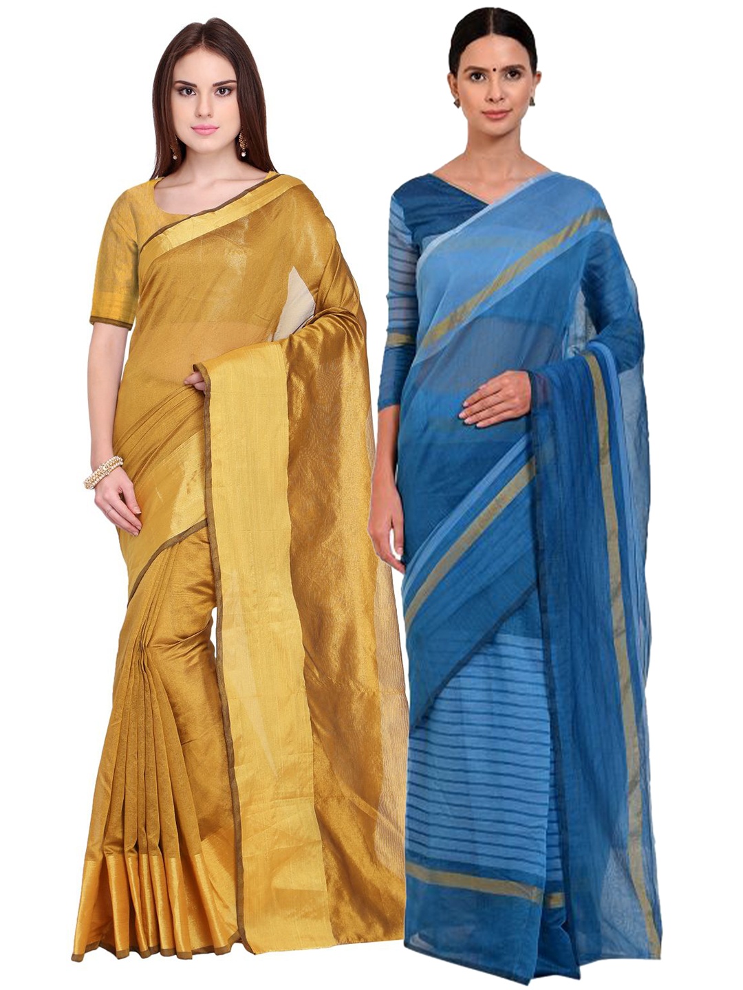 

SAADHVI Gold-Toned & Turquoise Blue Silk Cotton Saree