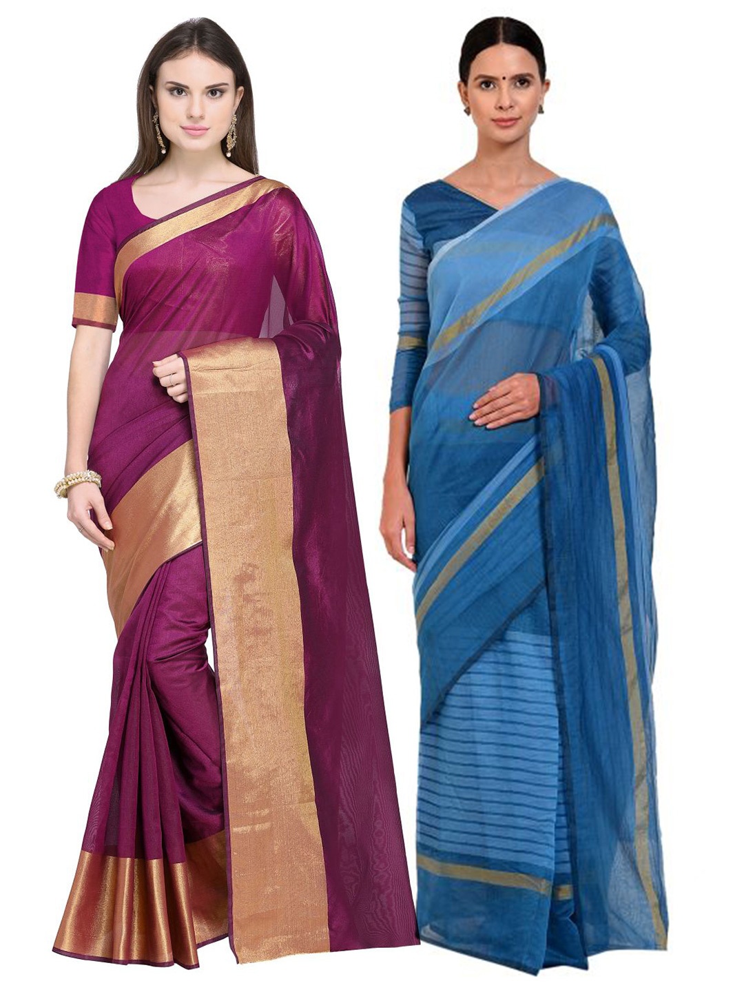 

SAADHVI Pack Of 2 Maroon & Blue Zari Silk Cotton Saree