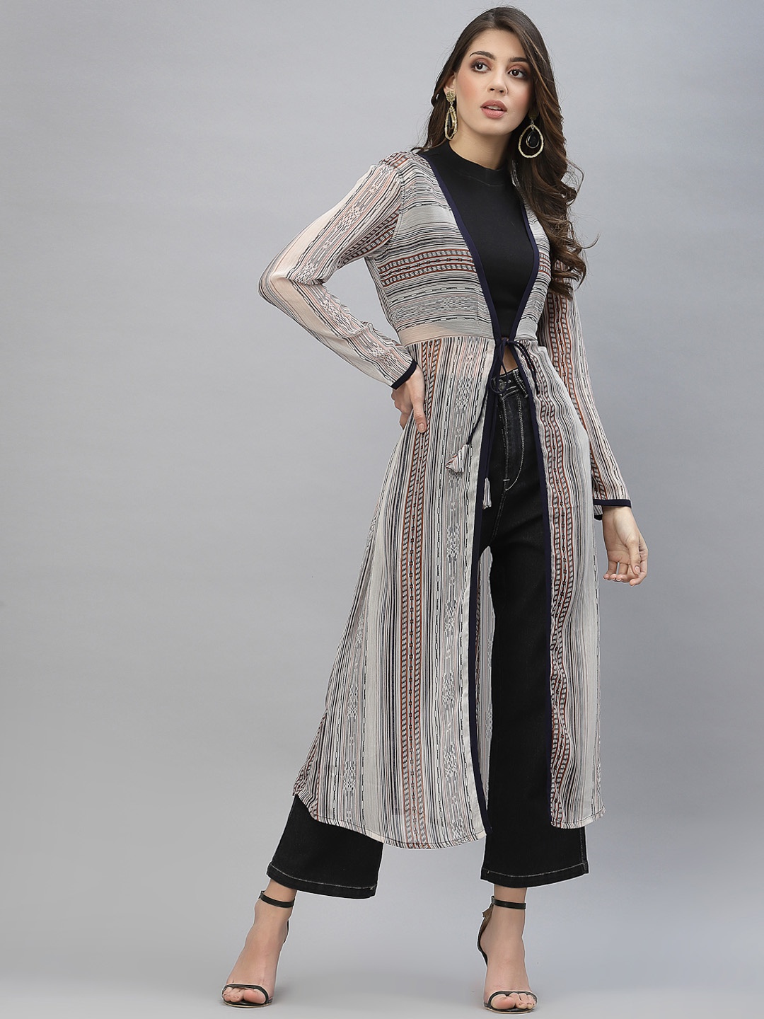 

KASSUALLY Women Beige & Black Striped Longline Tie-Up Shrug