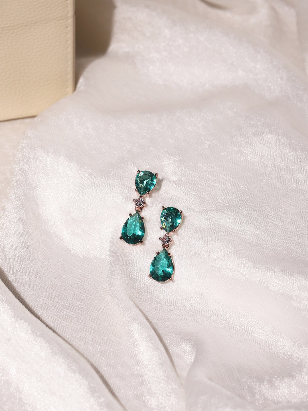 

RITU SINGH Green CZ-Stone Studded Teardrop Shaped Drop Earrings