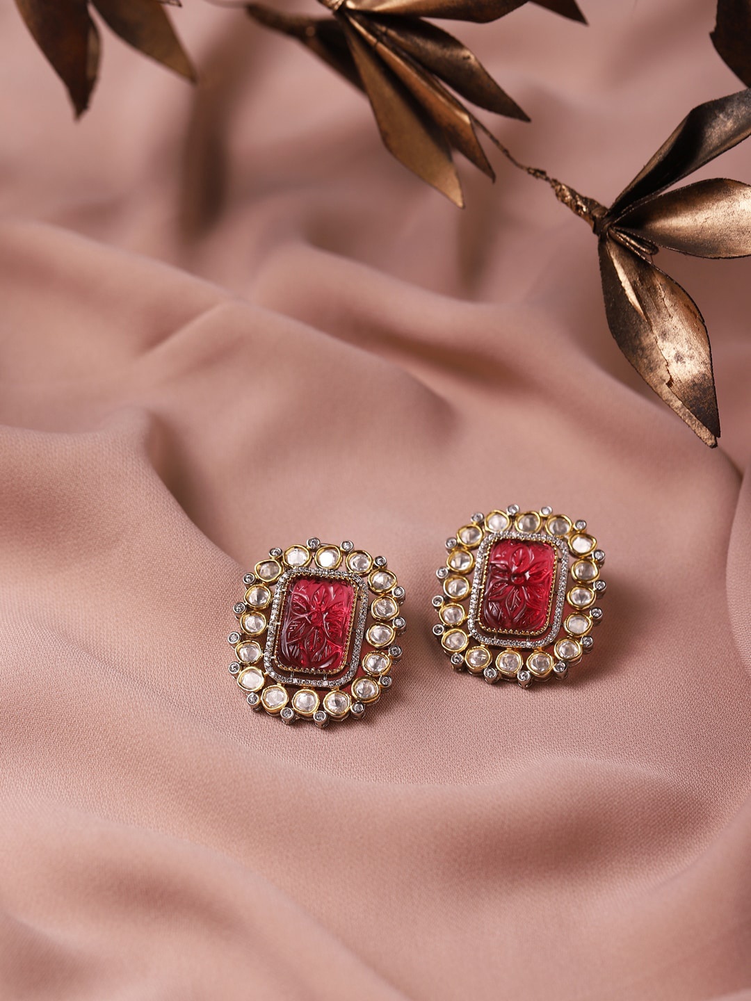 

RITU SINGH Rhodium-Plated Red Square Studs Earrings