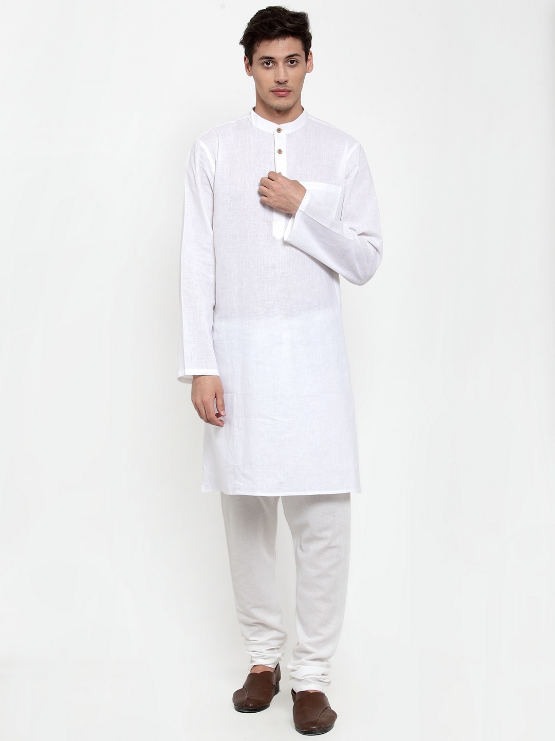 

NEUDIS Men White Solid Mandarin Cotton Straight Kurta