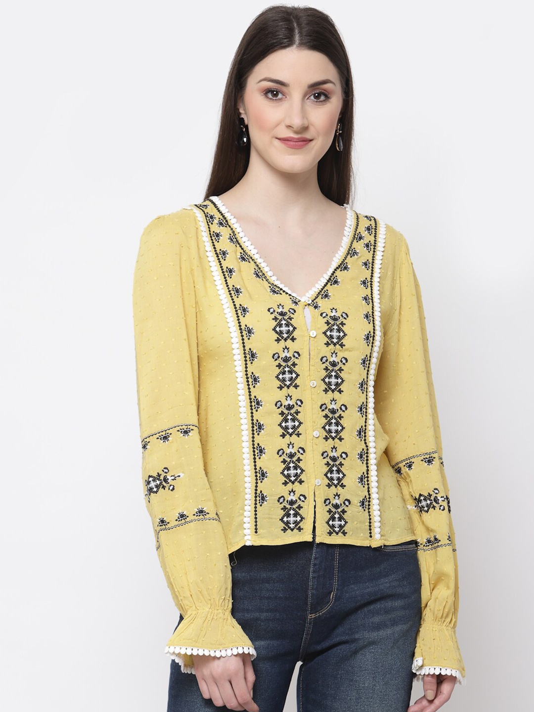 

Mafadeny Women Mustard Yellow Floral Embroidered Top