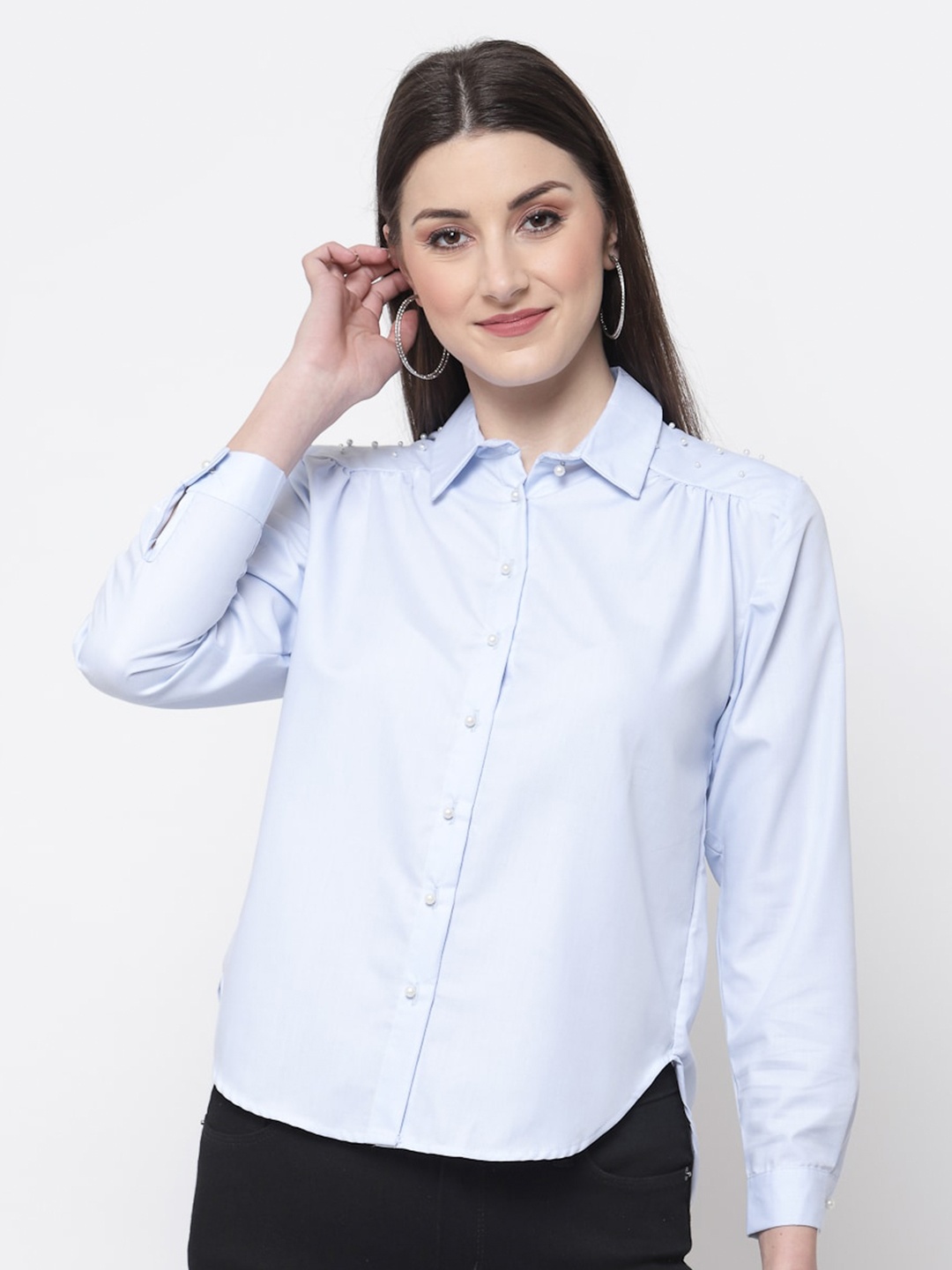 

Mafadeny Women Blue Shirt Style Top