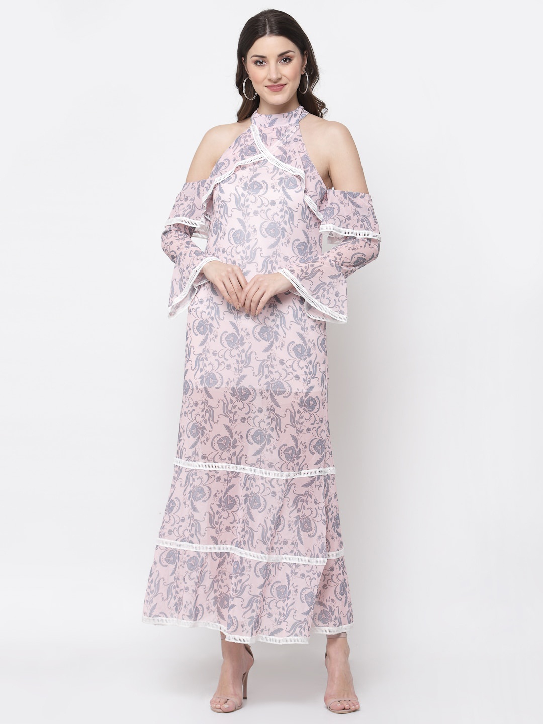 

Mafadeny Women Peach-Coloured Floral Halter Neck Georgette Maxi Dress