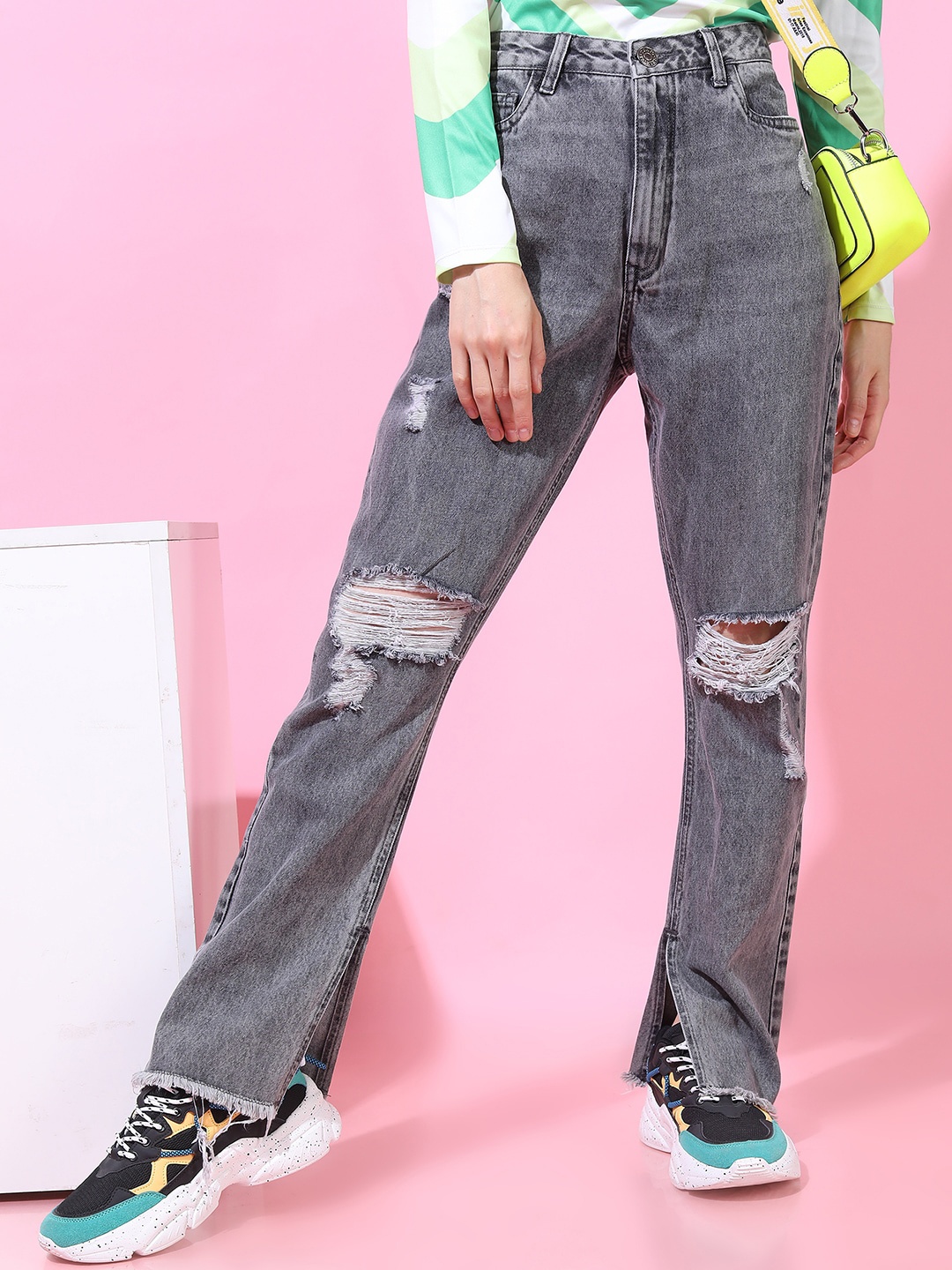 

Tokyo Talkies Women Grey Straight Fit Highly Distressed Heavy Fade Jeans