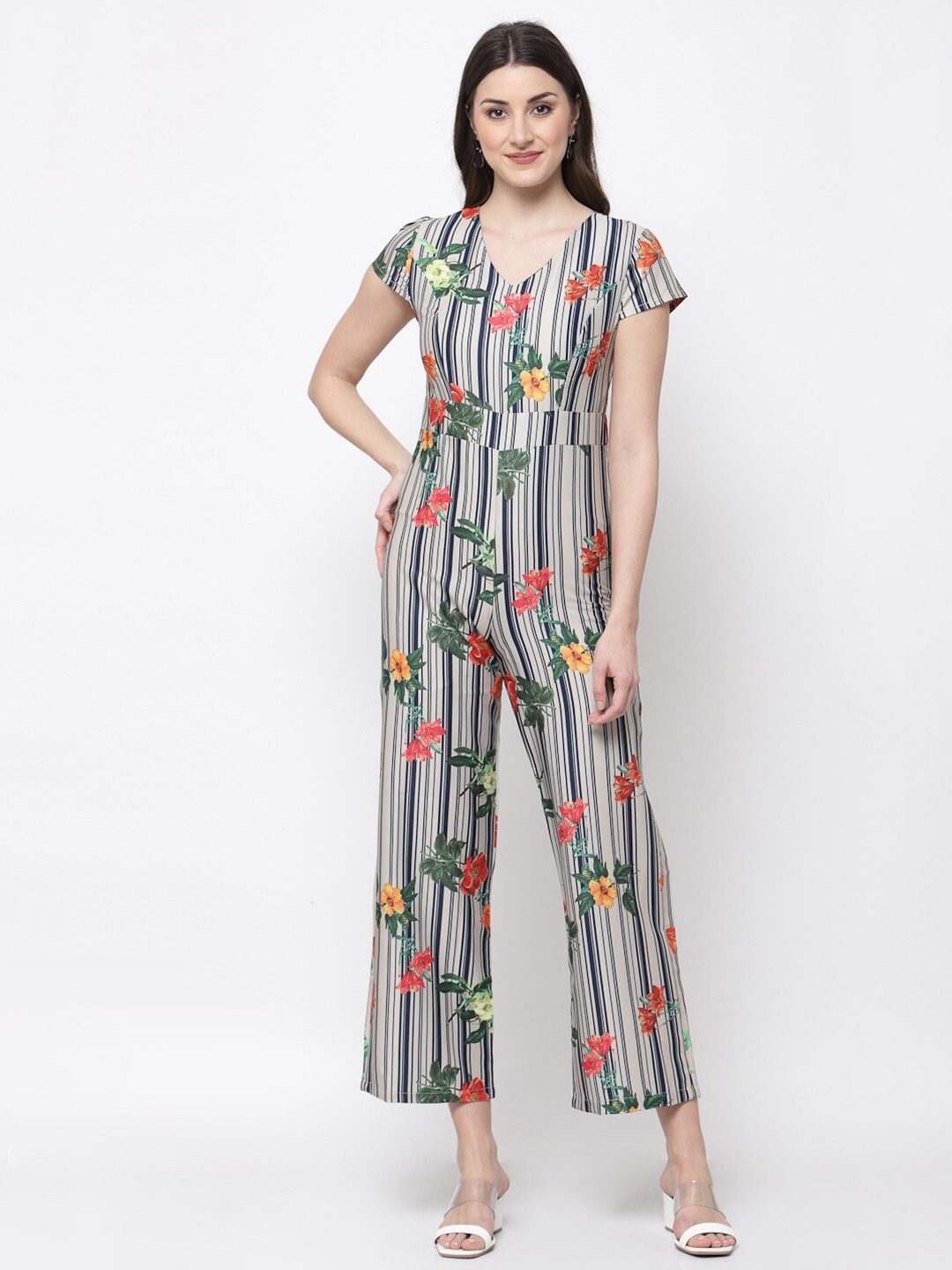 

Mafadeny Beige & Navy Blue Printed Basic Jumpsuit