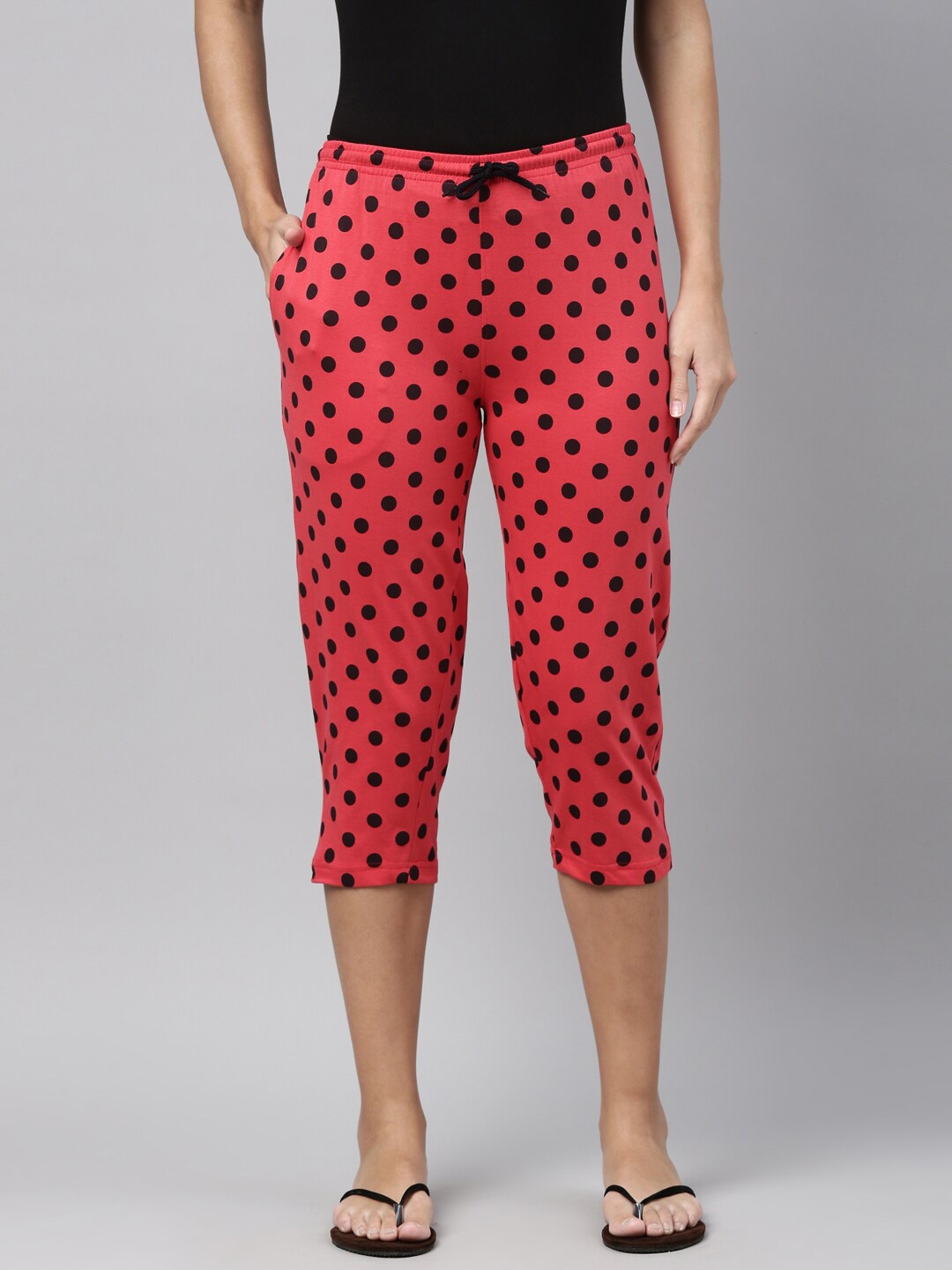 

Kryptic Women Red Polka Dots Printed Cotton Capri Lounge Pants