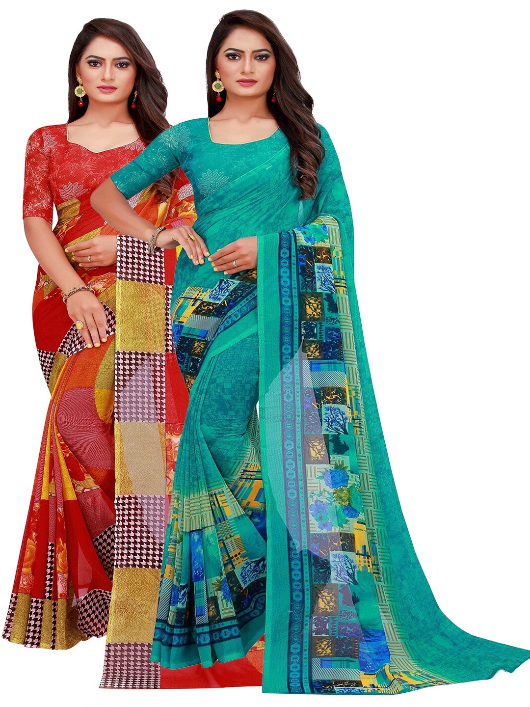 

SAADHVI Pack of 2 Teal & Red Pure Georgette Sarees