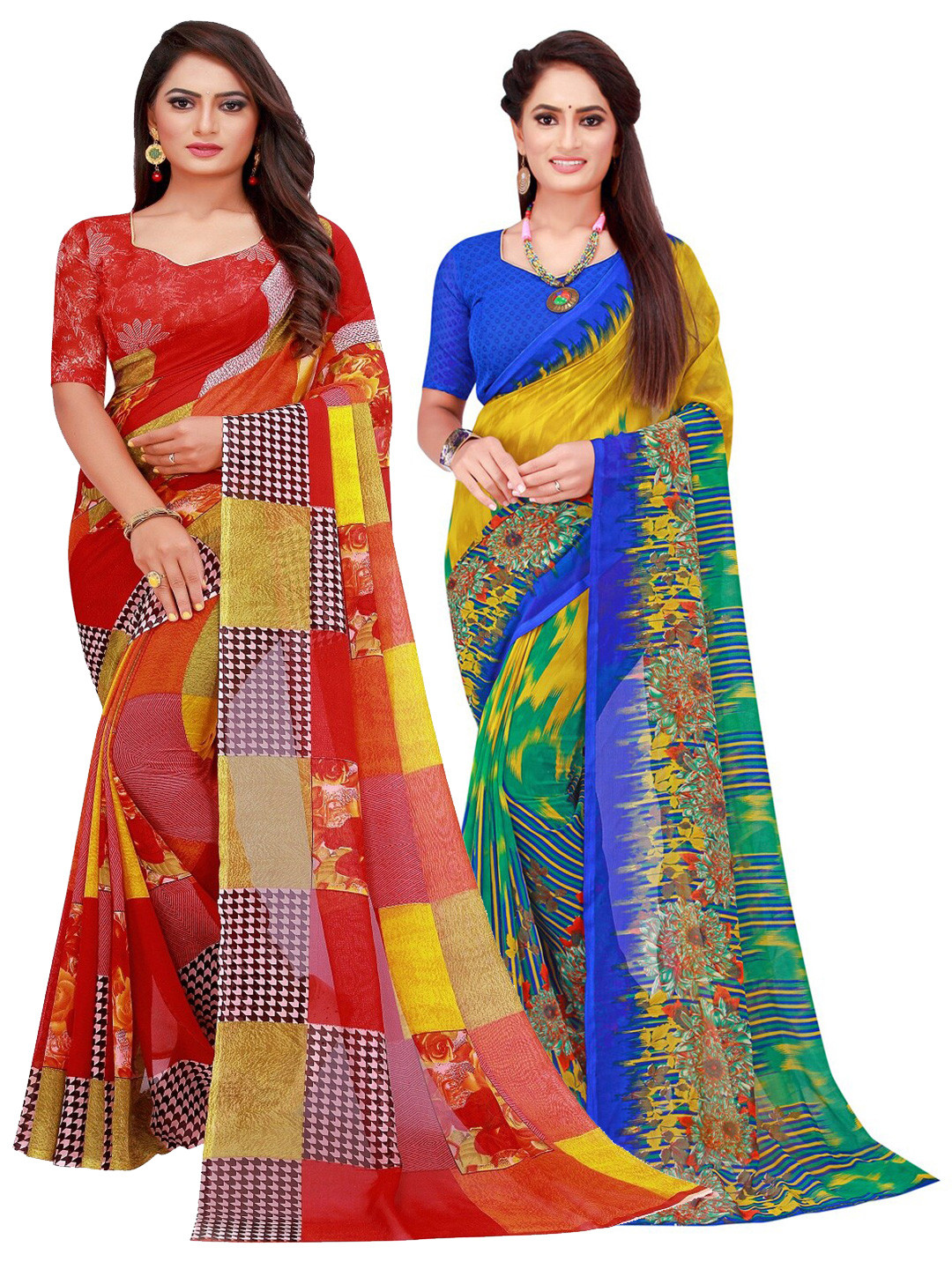 

SAADHVI Pack of 2 Printed Red & Blue Pure Georgette Sarees