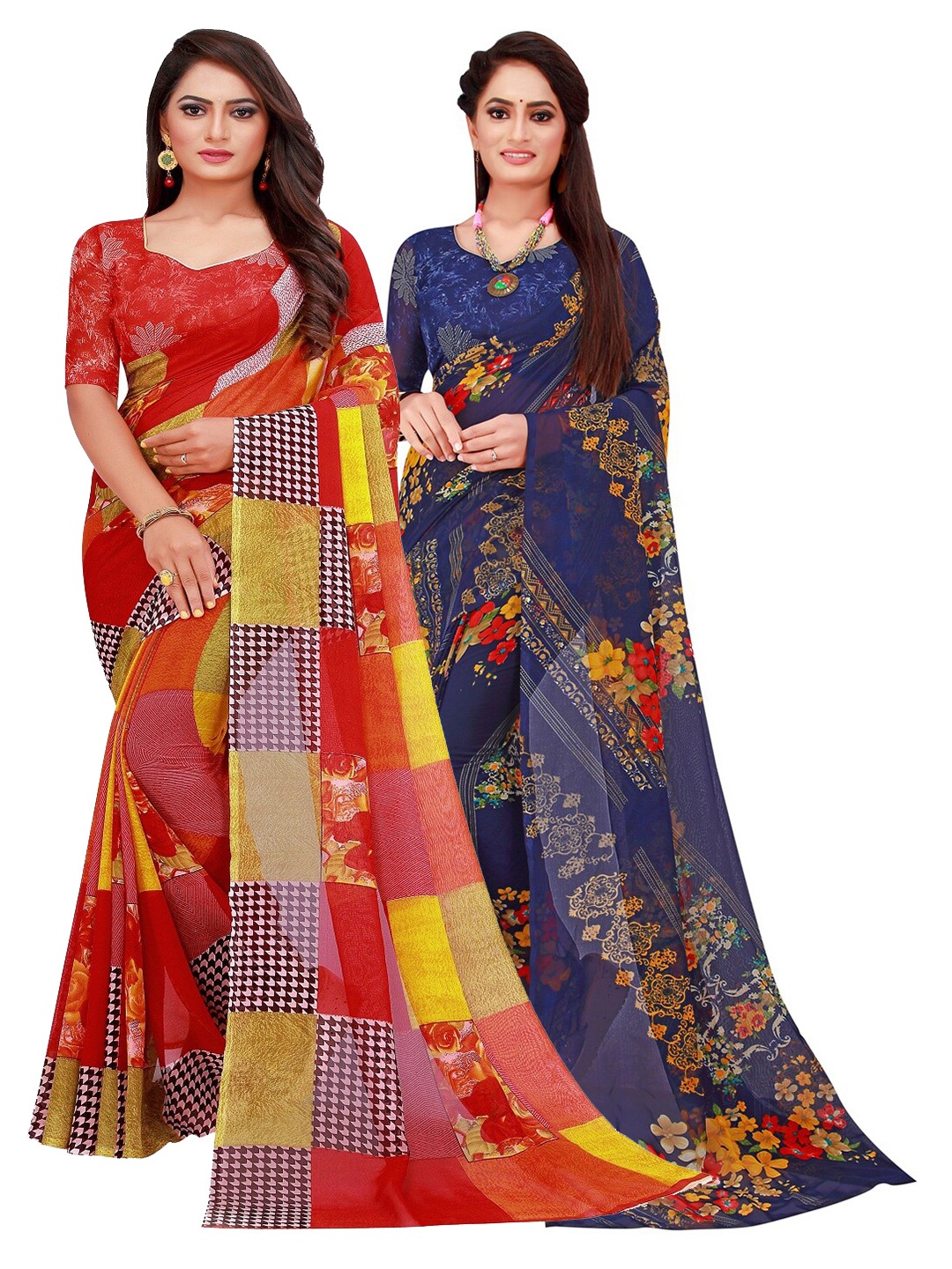 

SAADHVI Pack Of 2 Red & Navy Blue Printed Pure Georgette Saree