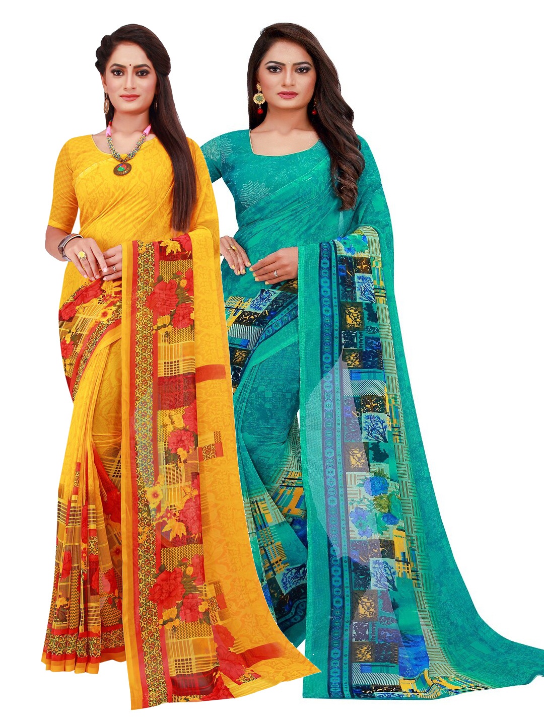 

SAADHVI Set of 2 Yellow & Sea Green Pure Georgette Saree