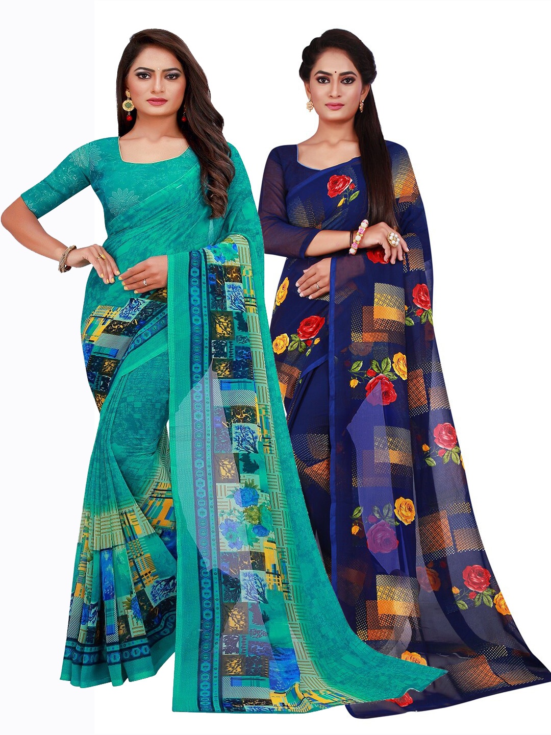 

SAADHVI Turquoise Blue & Navy Blue Pure Georgette Saree