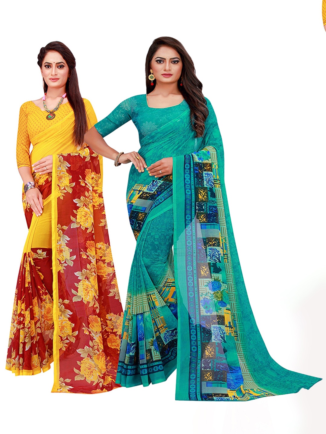 

SAADHVI Pack Of 2 Turquoise Blue & Yellow Floral Pure Georgette Saree