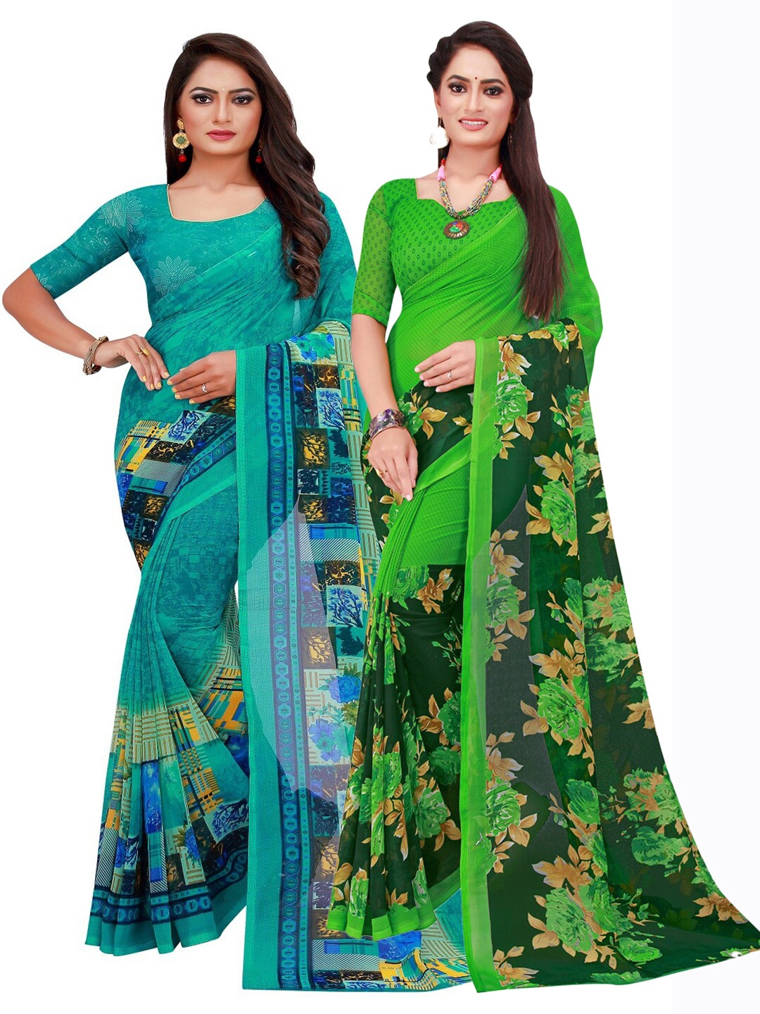 

SAADHVI Turquoise Pack of 2 Blue & Green Floral Pure Georgette Sarees, Turquoise blue