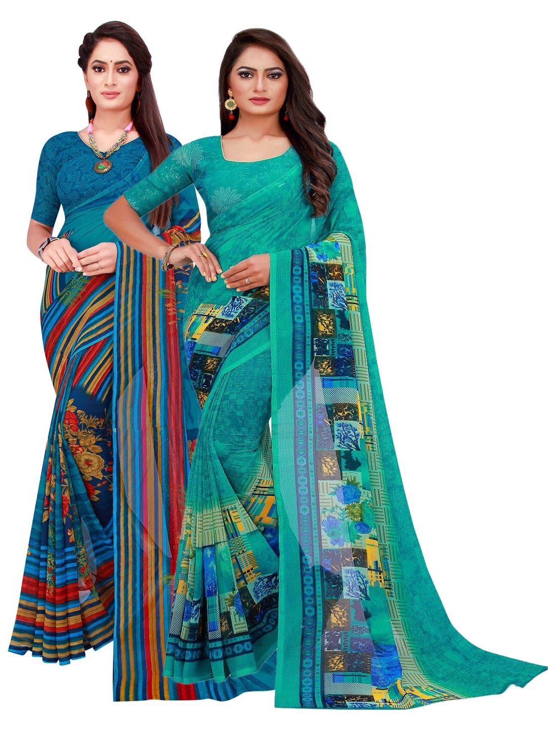 

SAADHVI Turquoise & Indigo Pack of 2 Pure Georgette Sarees, Turquoise blue