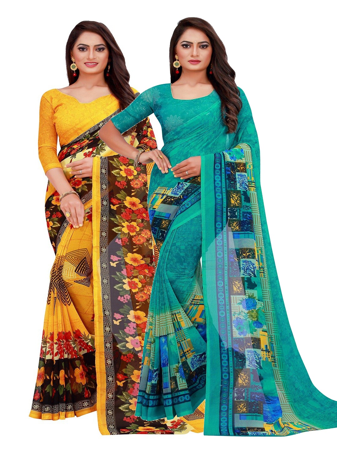 

SAADHVI Yellow & Turquoise Blue Floral Printed Pure Georgette Saree Pack Of 2