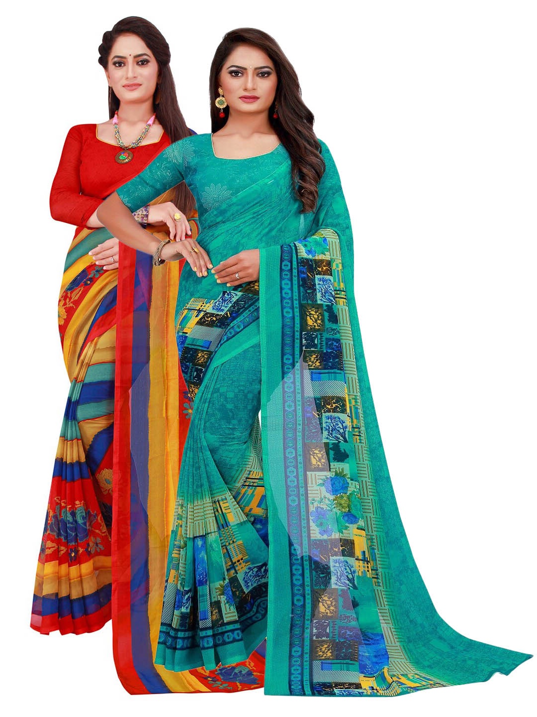 

SAADHVI Turquoise & Red Pack Of 2 Pure Georgette Sarees, Turquoise blue