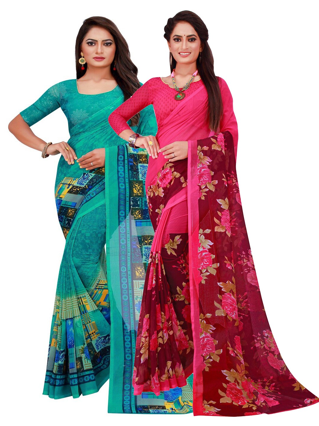 

SAADHVI Pack of 2 Floral Pure Georgette Saree, Turquoise blue