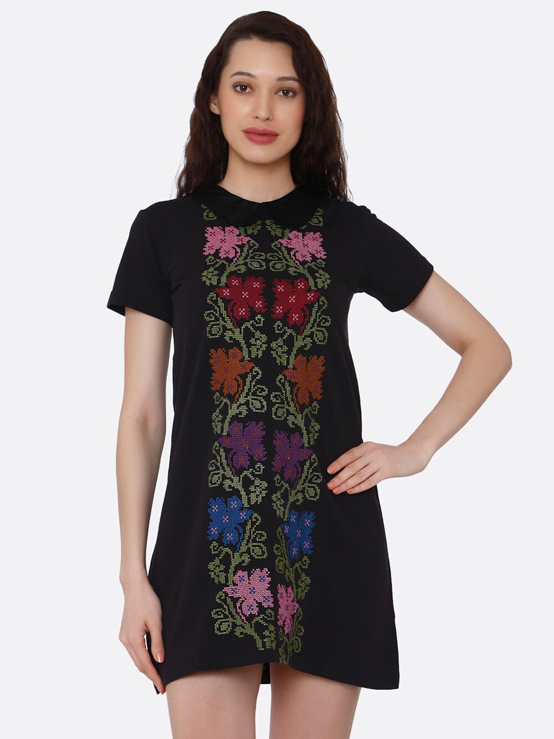 

aaliya Women Black Floral Embroidered Scuba A-Line Mini Dress