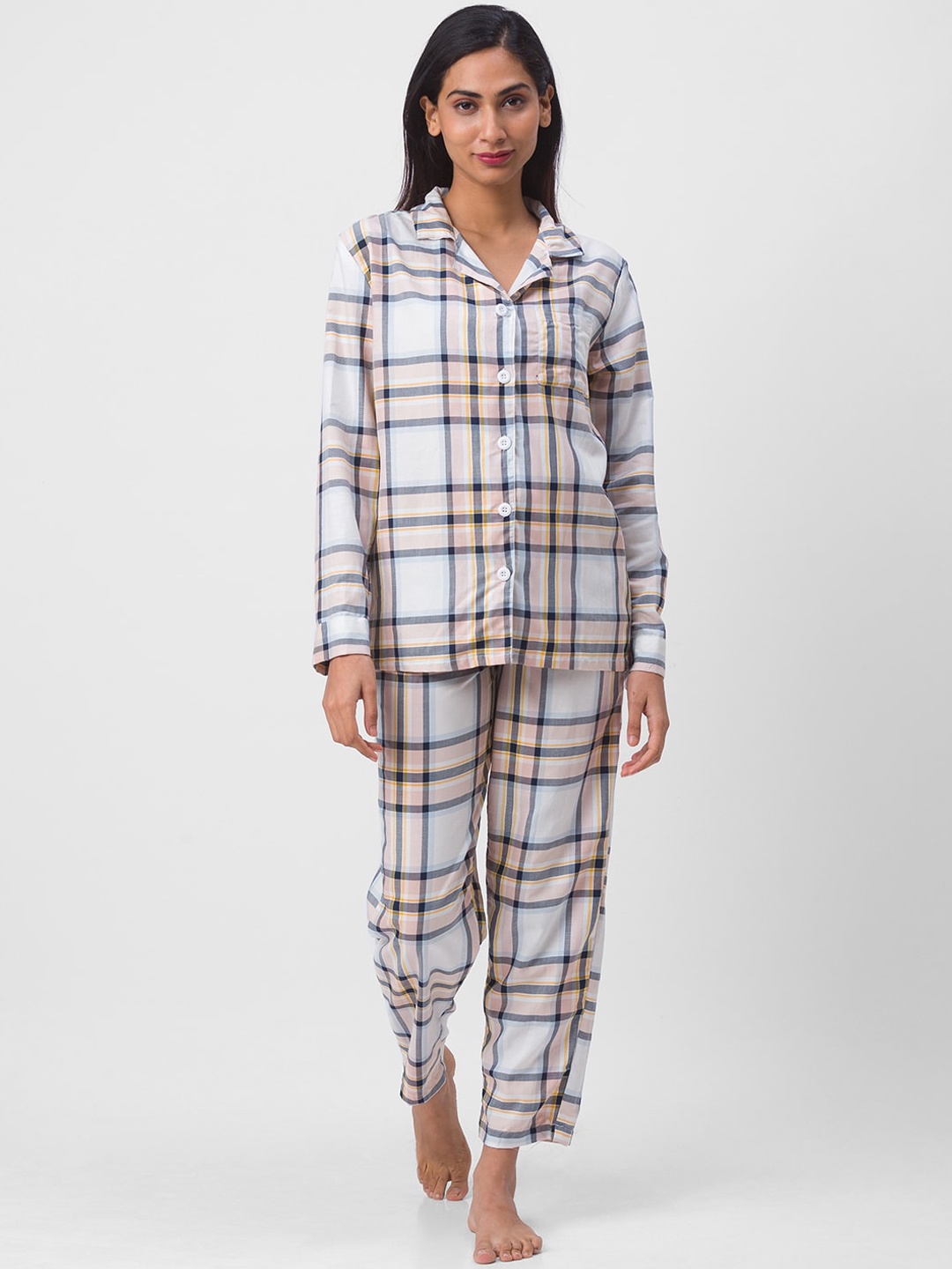 

Nick&Jess Women Beige & Grey Checked Pure Cotton Night suit
