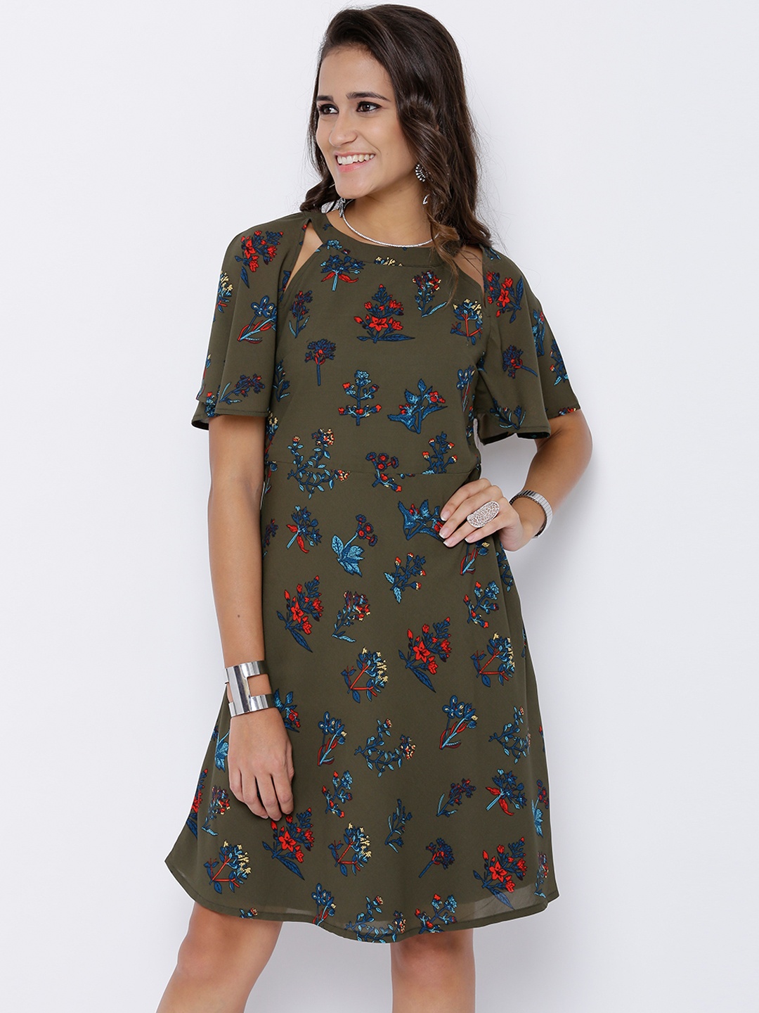 

Tokyo Talkies Women Olive Green Printed A-Line Dress