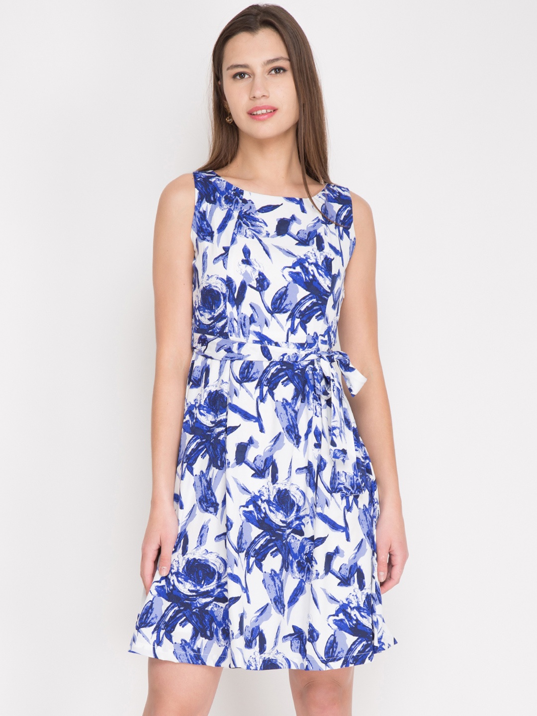 

Tokyo Talkies Women White & Blue Printed A-Line Dress