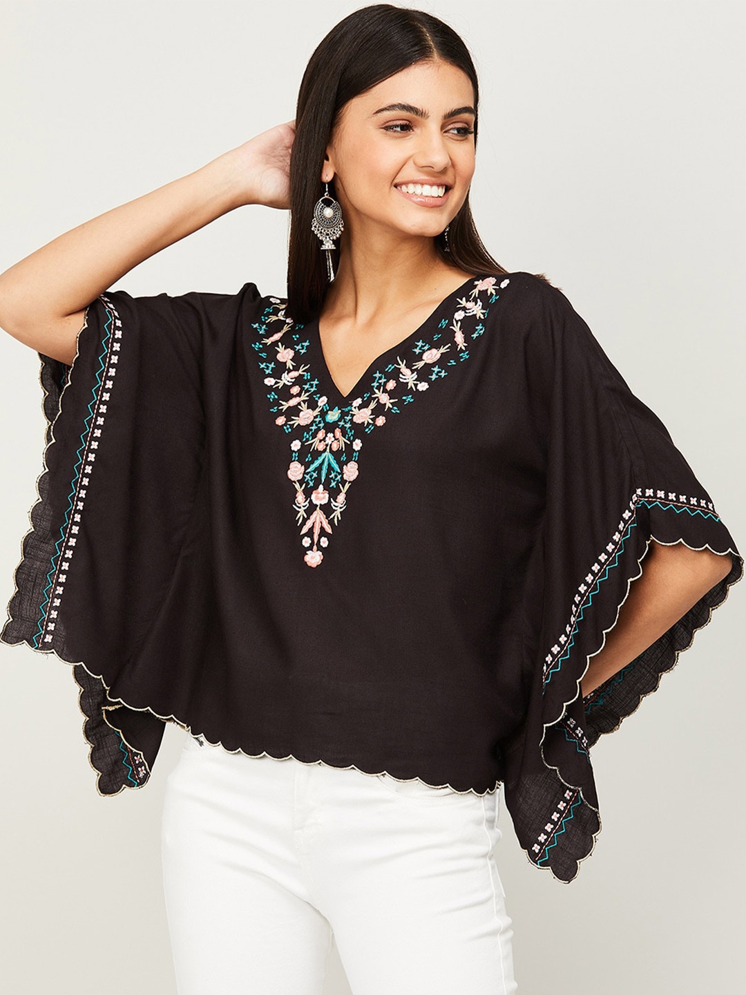 

Colour Me by Melange Black Floral Embroidered Kaftan Top