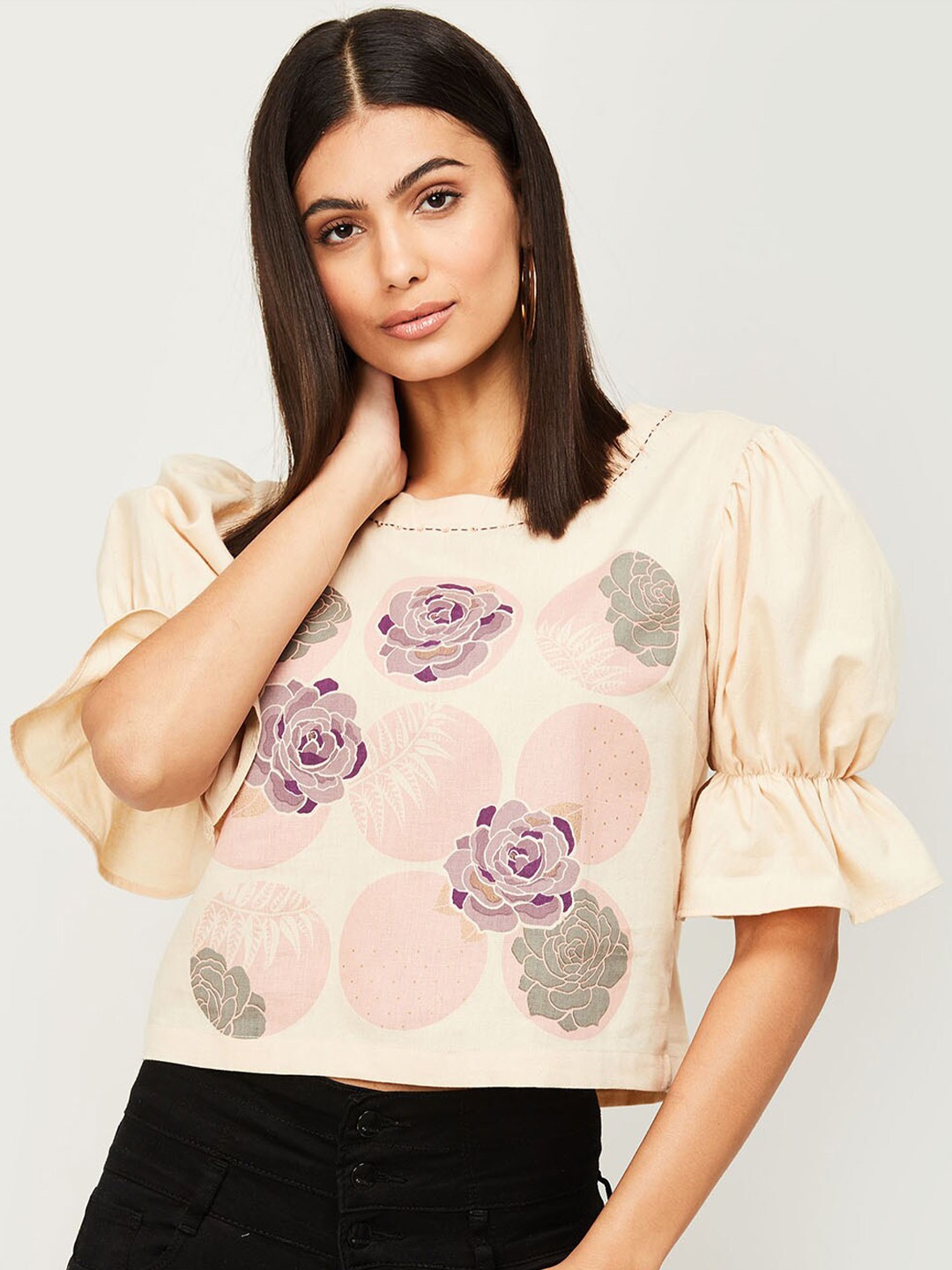 

Colour Me by Melange Women Beige Floral Print Pure Cotton Top