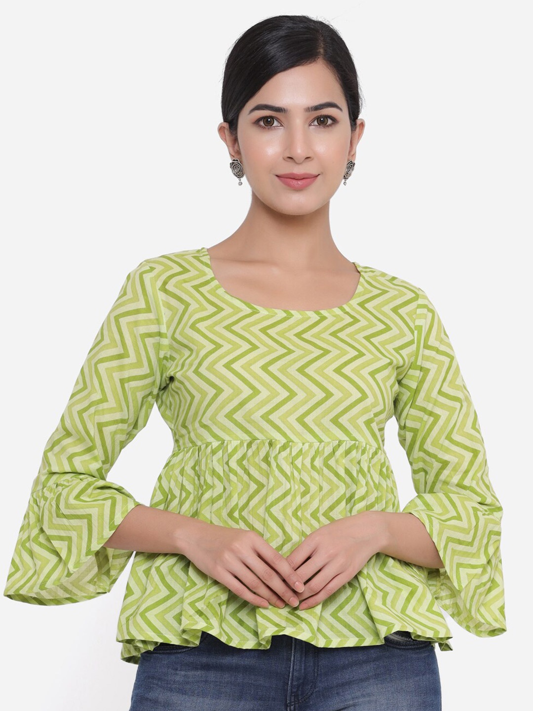 

CHRISTEENA Women Green Geometric Print Ruffles Pure Cotton Peplum Top