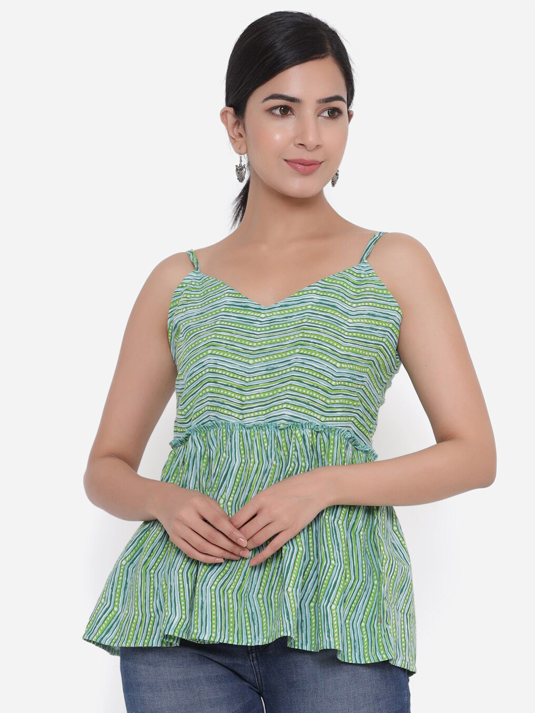 

CHRISTEENA Green Geometric Print Pure Cotton Peplum Top