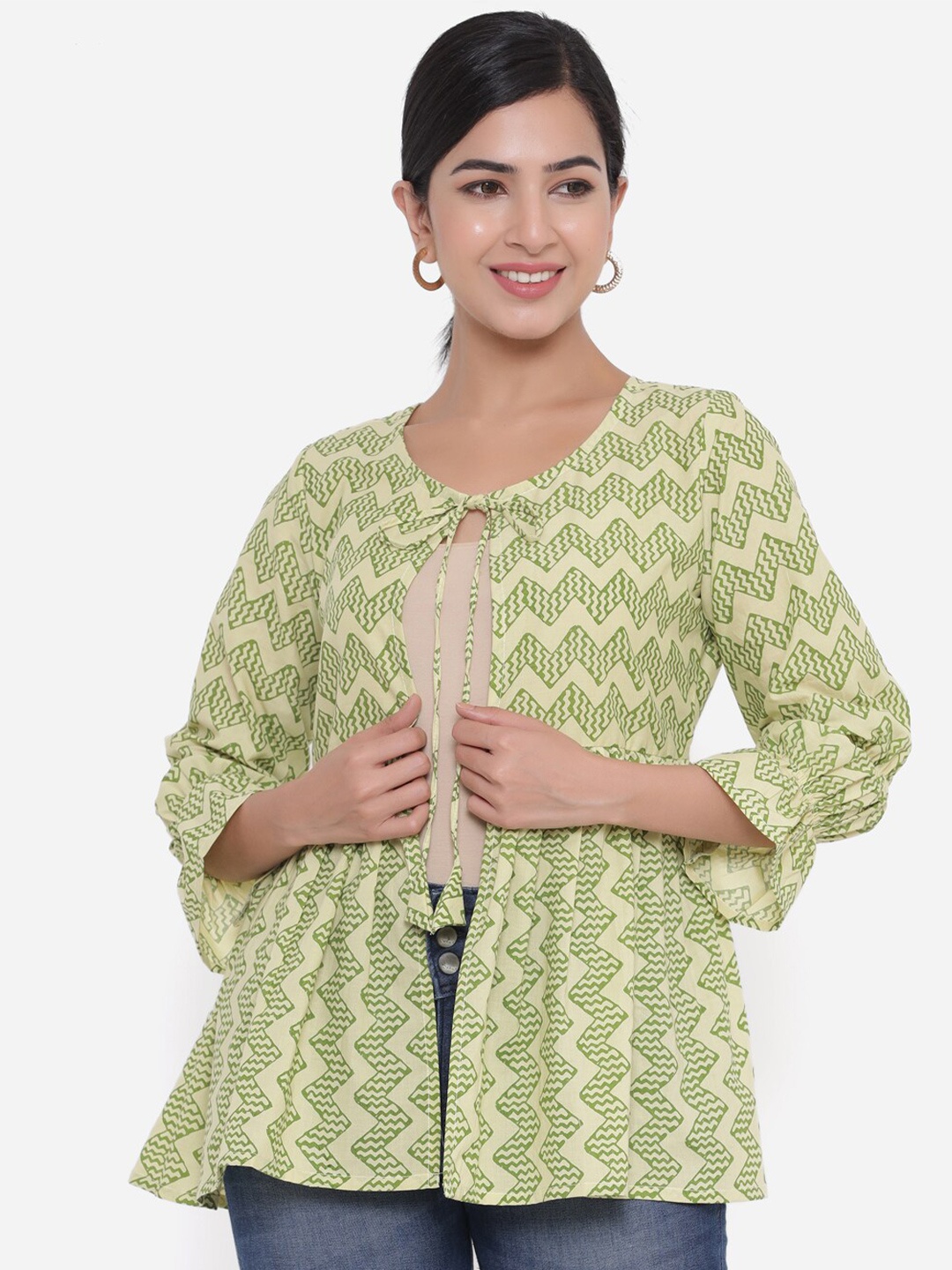 

CHRISTEENA Green Geometric Print Tie-Up Pure Cotton Neck Top