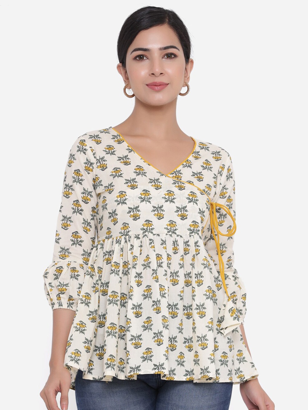 

CHRISTEENA Beige Floral Print Pure Cotton Top