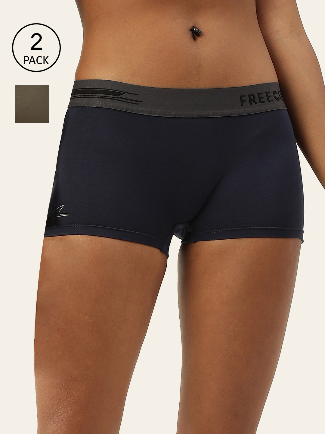 

FREECULTR Women Pack Of 2 Solid AntiMicrobial Seamless Boy Shorts, Blue