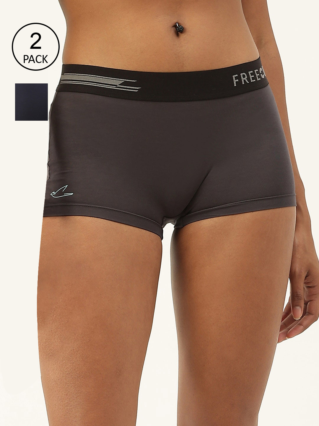 

FREECULTR Women Grey & Navy Blue Set Of 2 Antibacterial Micro Modal Boy Shorts