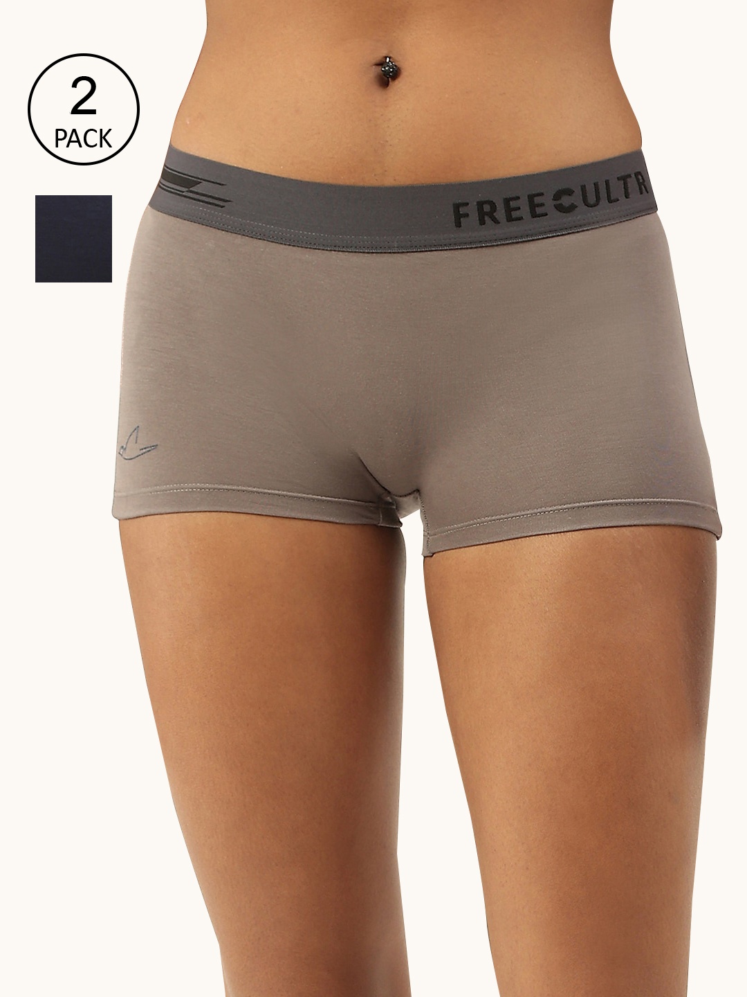 

FREECULTR Women Pack Of 2 Grey & Blue Solid Antibacterial Boy Shorts