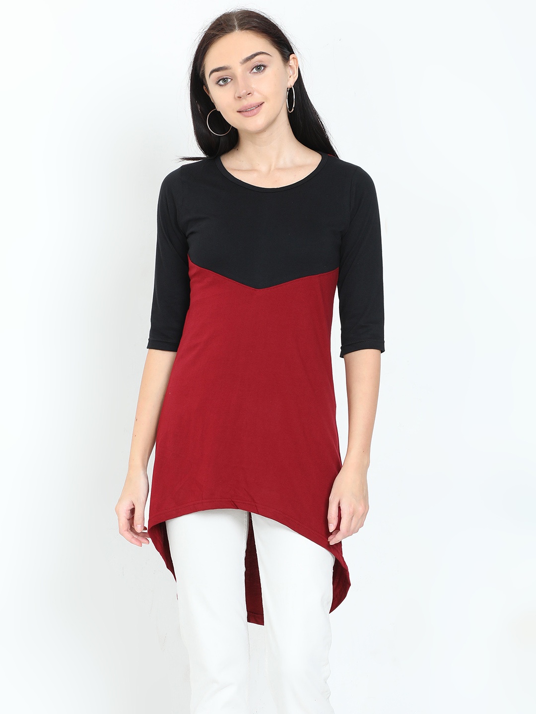 

Fleximaa Women Maroon & Black Colourblocked High-Low Cotton Longline Top