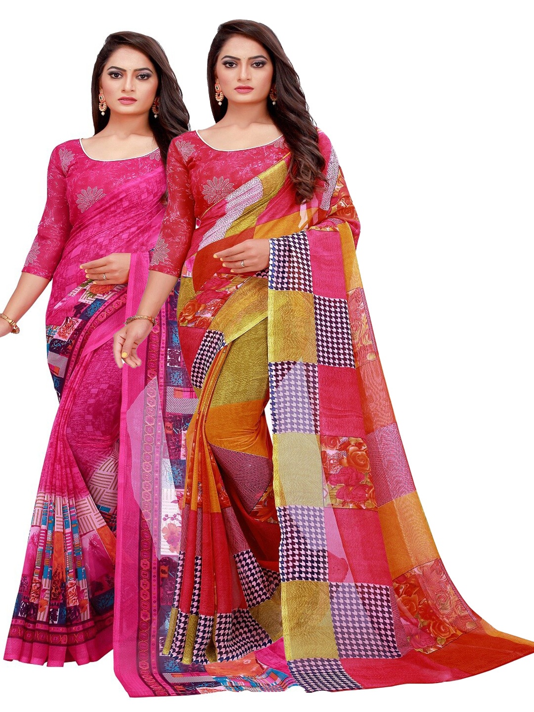 

Florence Red & Pink Printed Pure Georgette Saree Pack Of 2