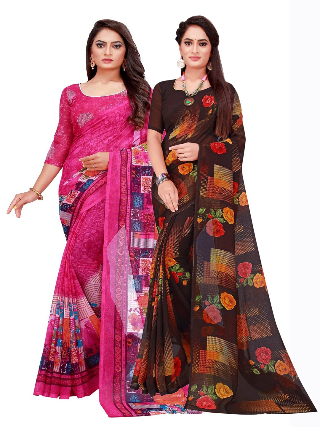 Florence Pack of 2 Printed Pure Georgette Sarees, Magenta